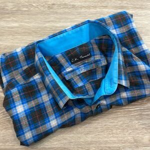 C.K. Thomas Custom Made Plaid Blue Gray Button Up Casual Shirt XXXL